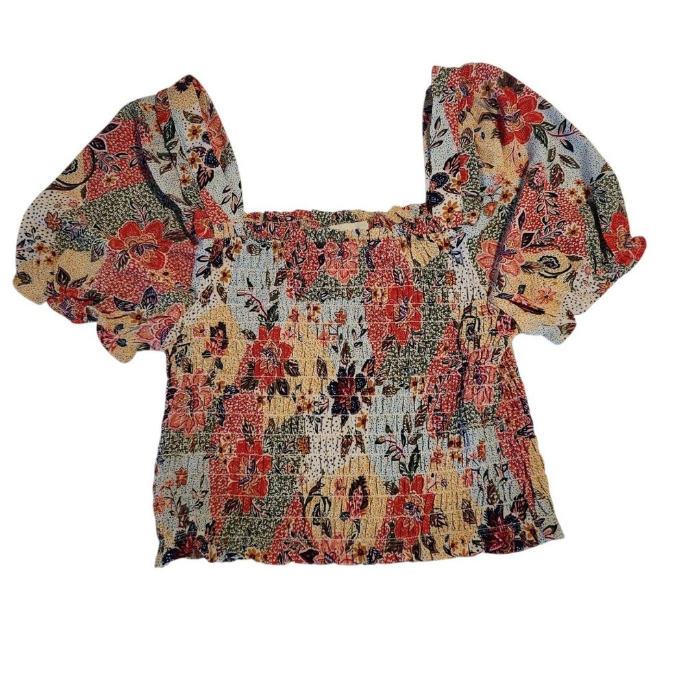 Monteau Top Floral Stretch Smocked Square Neck Crop Top Juniors XL NEW NWT